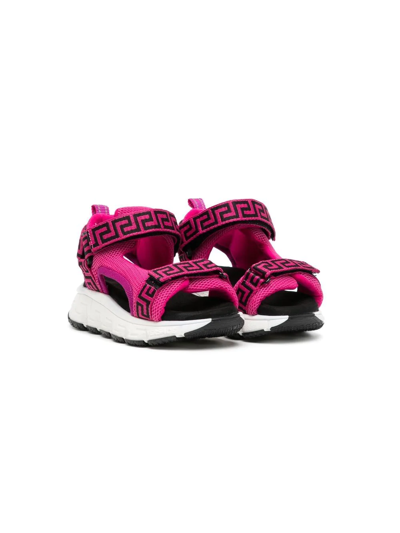 Versace Kids' La Greca-print Touch-strap Sandals In Pink