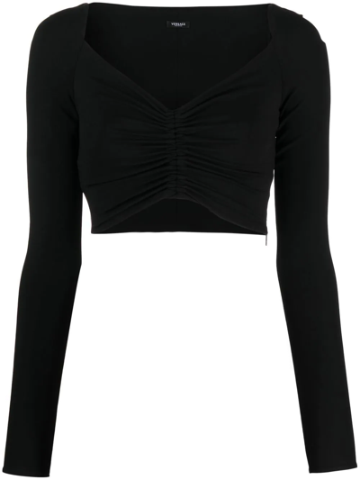 Versace V-neck Cropped Blouse In 1b000 Black