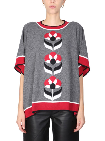 Boutique Moschino Intarsia-knit Floral Poncho Top In Grey
