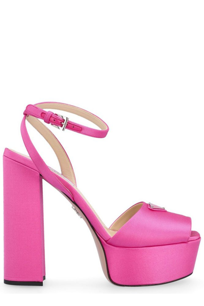 Prada Logo Satin Platform Ankle-strap Sandals In Pink