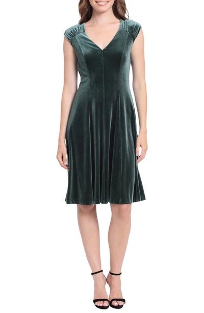 London Times Petite Velvet V-neck Shirred-shoulder Dress In Green