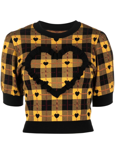 Alessandra Rich Heart-print Tartan Knitted Top In Yellow