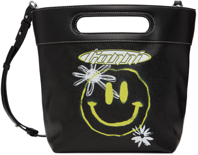 Ganni Smiley-print Leather-trimmed Canvas Tote Bag In Multi