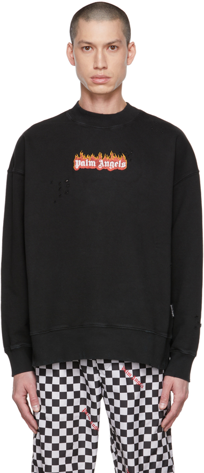 Palm Angels Black Burning Logo-print Distressed Sweatshirt In Nero