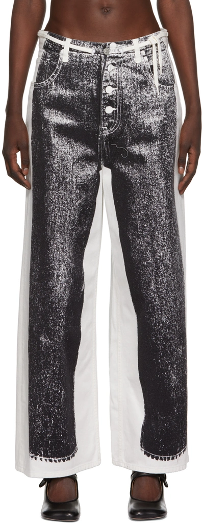 Mm6 Maison Margiela Printed Wide Cotton Denim Jeans In Black