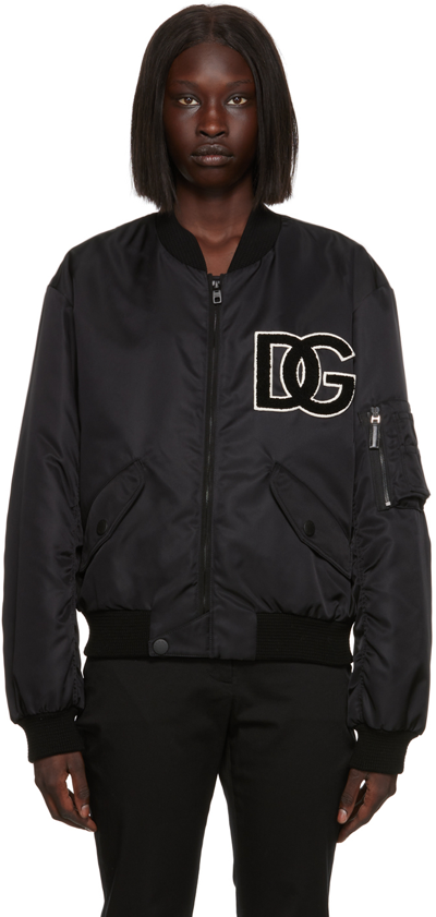 Dolce & Gabbana Logo-patch Zip-up Bomber Jacket In Black