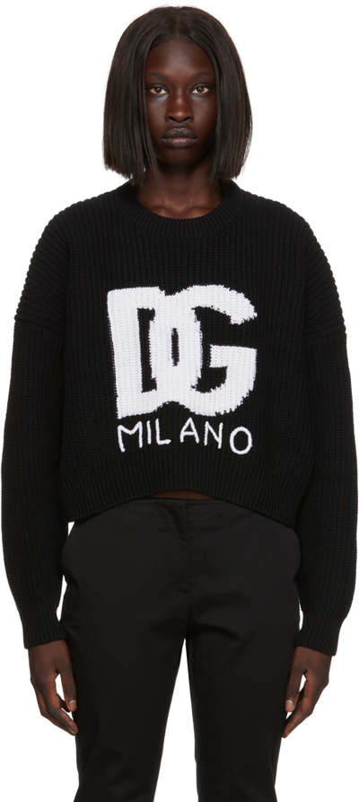 Dolce & Gabbana Intarsia Knit Logo Crop Virgin Wool Rib Sweater In Multicolor
