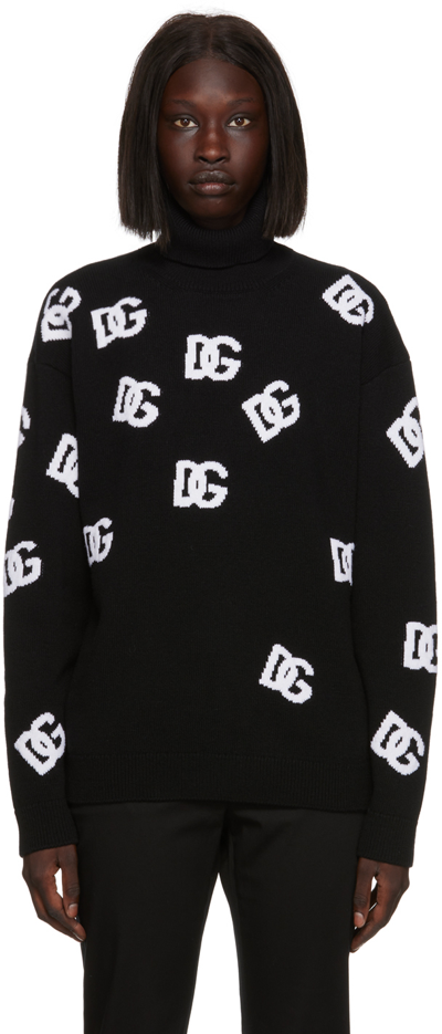 Dolce & Gabbana Intarsia Logo Turtleneck Virgin Wool Sweater In Black