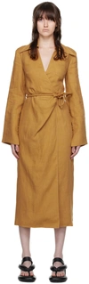 Nanushka Farah Back Long Sleeve Open Linen Wrap Shirtdress In Camel