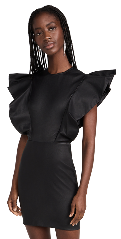 knee length dresses for ladies Black Faux Leather Ruffle Sleeve Mini Shift Dress