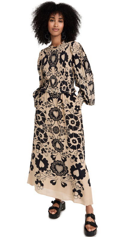 Sea Edna Print Long Sleeve Smocked Dress In Ecru In Black-ecru