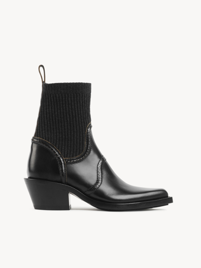 Chloé Nellie 50 Knitted-sock Leather Ankle Boots In Noir