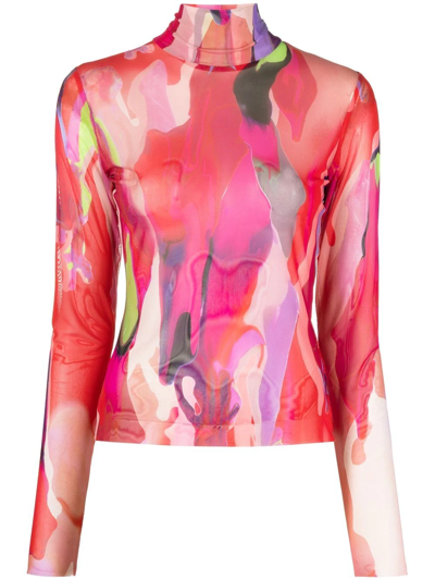 Msgm Sheer Top With Abstract Print By . Design Attributable To The Brand Identity; Bold And Youthful, Nev In Pink,multi
