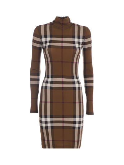 Burberry Gemma Check Long Sleeve Stretch Jersey Dress In Dark Birch Brown