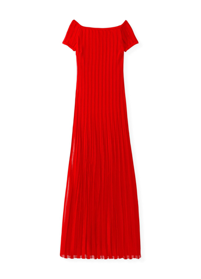 St John Pleat Knit Off-shoulder Gown In Red