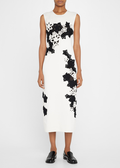 Marina Moscone Contrast Floral Crochet Sheath Dress In Ivory