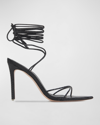 BLACK SUEDE STUDIO TALIA SNAKE-EMBOSSED ANKLE-WRAP SANDALS