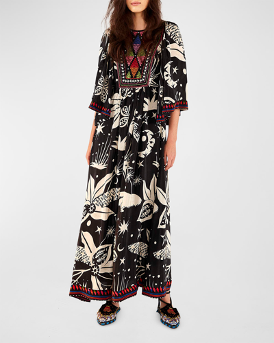 sachin and babi light blue dress FARM Rio Embroidered Linen-blend Midi Dress in Black