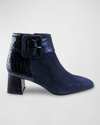 Ron White Linzi Mixed Leather Buckle Booties In French Nav