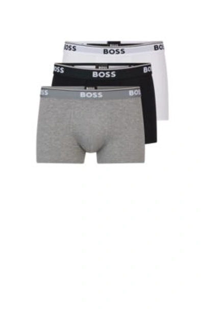 Hugo Boss Three-pack Of Stretch-cotton Trunks With Logo Waistbands Men's Underwear And Nightwear Size Xl In White / Grey / Black