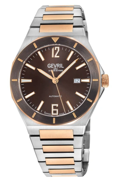 GEVRIL HIGH LINE TWO-TONE GOLDTONE PLATED AUTOMATIC BRACELET WATCH, 43MM