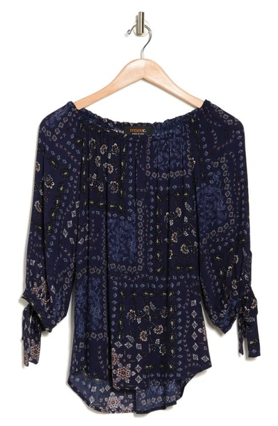 Renee C Off The Shoulder Floral Paisley Print Self Tie Top In Navy