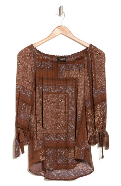 Renee C Off The Shoulder Floral Paisley Print Self Tie Top In Brown