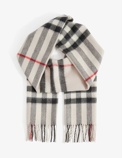 Burberry Womens Stone Check Giant Check Fringed Cashmere Scarf In Beige/black