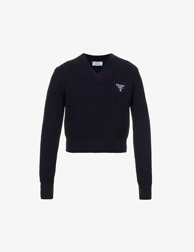 Prada Branded Cropped Cotton-knitted Jumper In Navy