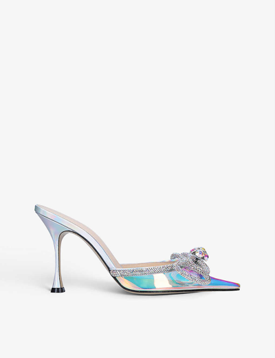 Mach & Mach Double Bow Crystal-embellished Iridescent Pvc Mules In Silver