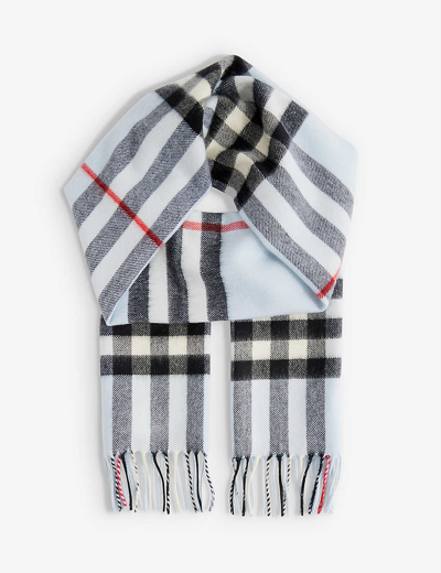 Burberry Giant Check Fringed Cashmere Scarf In Light Blue/black/white