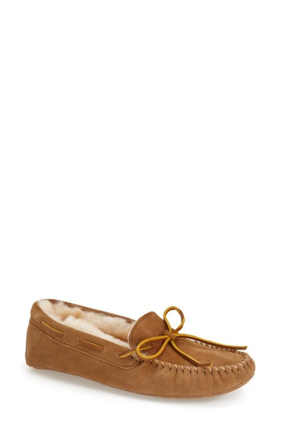 Minnetonka Women's Sheepskin Hardsole Moccasin Slippers Women's Shoes In Tan