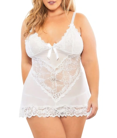 Oh La La Cheri Plus Size Valentine Lace Babydoll Set In Silver Peony