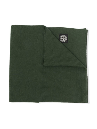 Stone Island Junior Kids' Wool-knit Compass-patch Scarf In Green