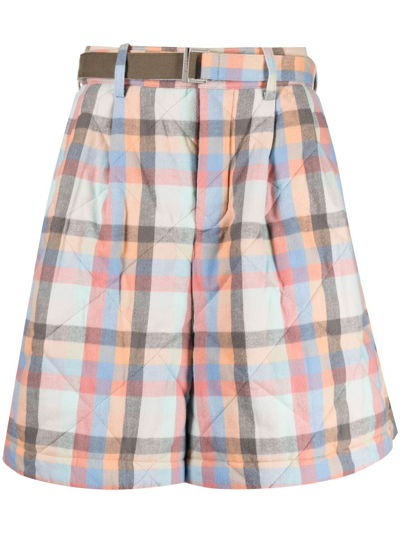 Sacai Check-patter Belted-waist Shorts In Blue