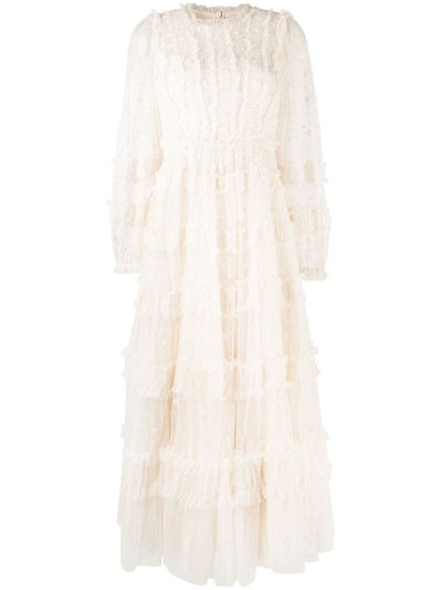 needle & thread embroidered lace tiered maxi dress in ivory Flared Neutrals Doctoral Gown