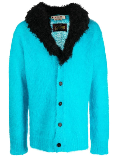Marni Faux Shearling Collar Mohair-blend Cardigan In Turquoise