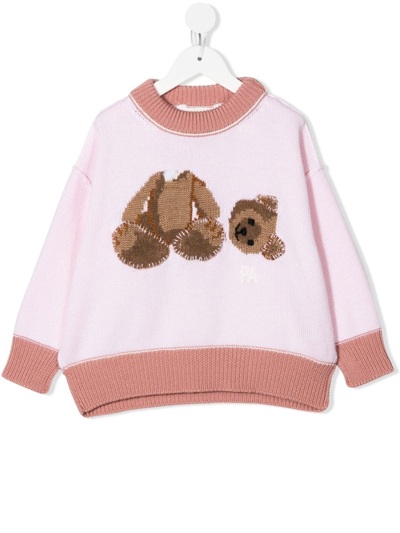 Palm Angels Kids' Teddy Virgin Wool Knit Sweater In Pink Brown