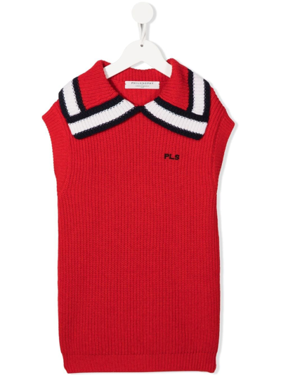 Philosophy Di Lorenzo Serafini Kids' Ribbed-knit Stripe-collar Tunic In Red