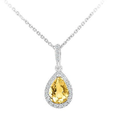 Pre-owned Jewelco London 9ct White Gold Diamond Pear 0.65ct Citrine Teardrop Necklace 16"