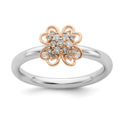 Pre-owned Accessories & Jewelry Sterling Silver & Rose Tone Stackable Expressions Diamond Flower Ring Sz 5 To 10