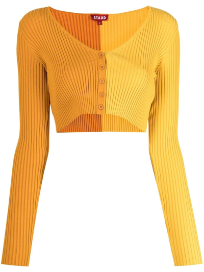 Staud Manon Two-tone Cropped Stretch-knit Cardigan In Gelb