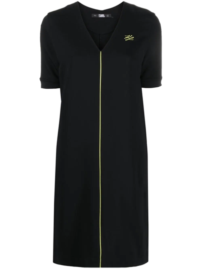 Karl Lagerfeld Logo-embroidered V-neck Mini Dress In Black