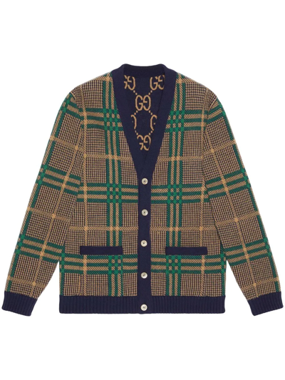 Gucci Reversible Gg-jacquard Checked Wool-blend Cardigan In Dark Blue