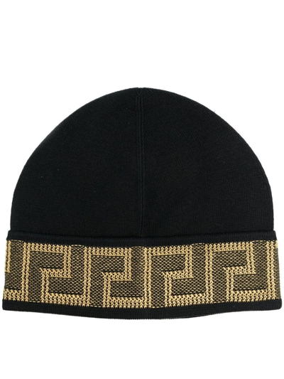 Versace Black Cotton And Cashmere Knit Hat In Nero