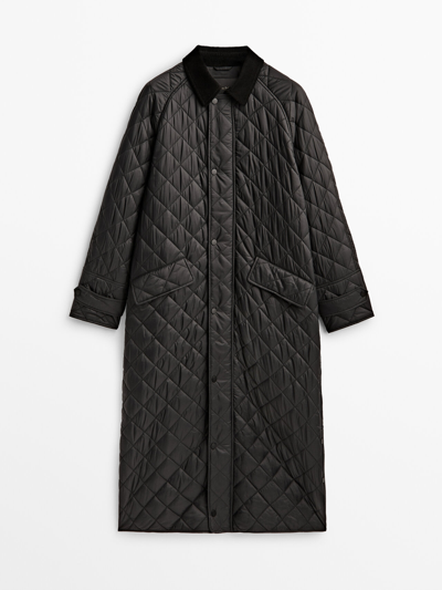 Massimo Dutti Long Padded Jacket With A Corduroy Collar In Black