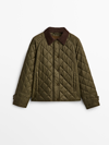 Massimo Dutti Short Quilted Jacket With A Corduroy Collar In Khaki