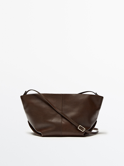 Massimo Dutti Leather Crossbody And Pouch Trapeze Bag In Khaki