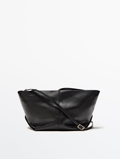 Massimo Dutti Leather Crossbody And Pouch Trapeze Bag In Black