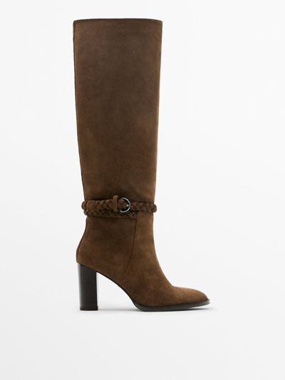 Massimo Dutti Split Suede Heeled Boots With Braided Detail In Brown